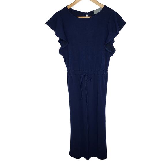 Anthropologie Flutter Sleeve Jumpsuit Navy Blue Cropped Tie Waist Ribbed XS - Picture 1 of 9